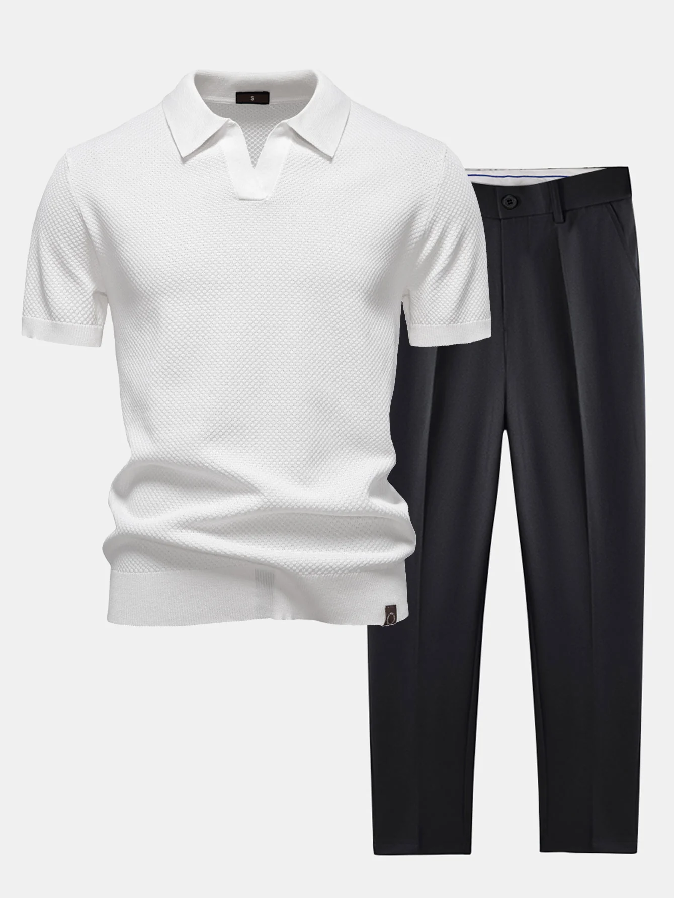 Ananasstruktur Strick V-Ausschnitt Poloshirts & Schlanke, Verjüngte Hose - Image 5