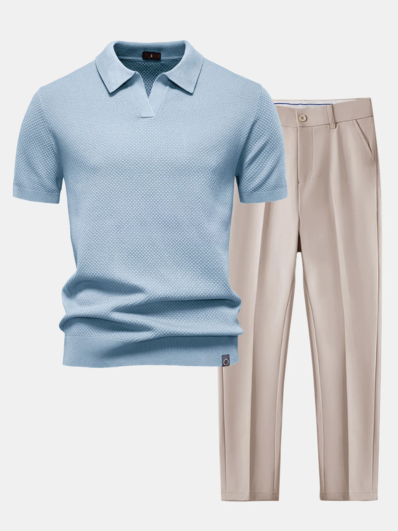 Ananasstruktur Strick V-Ausschnitt Poloshirts & Schlanke, Verjüngte Hose - Image 6