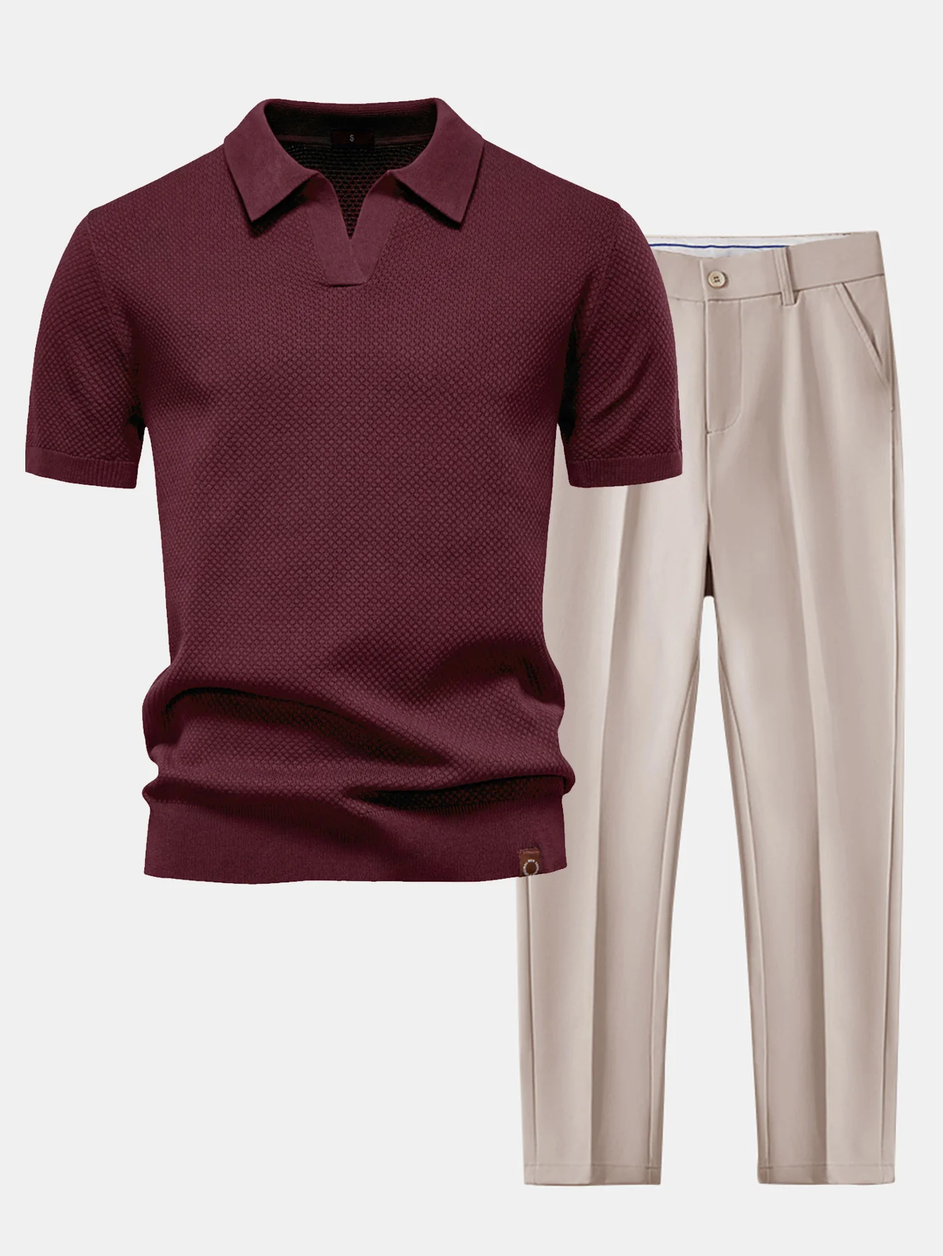 Ananasstruktur Strick V-Ausschnitt Poloshirts & Schlanke, Verjüngte Hose - Image 8