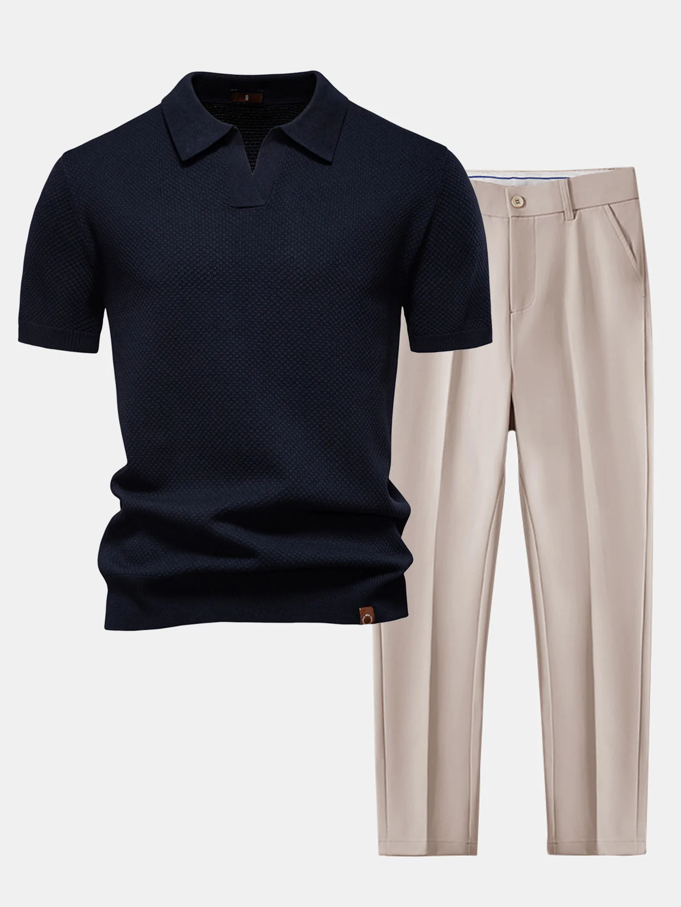 Ananasstruktur Strick V-Ausschnitt Poloshirts & Schlanke, Verjüngte Hose - Image 9