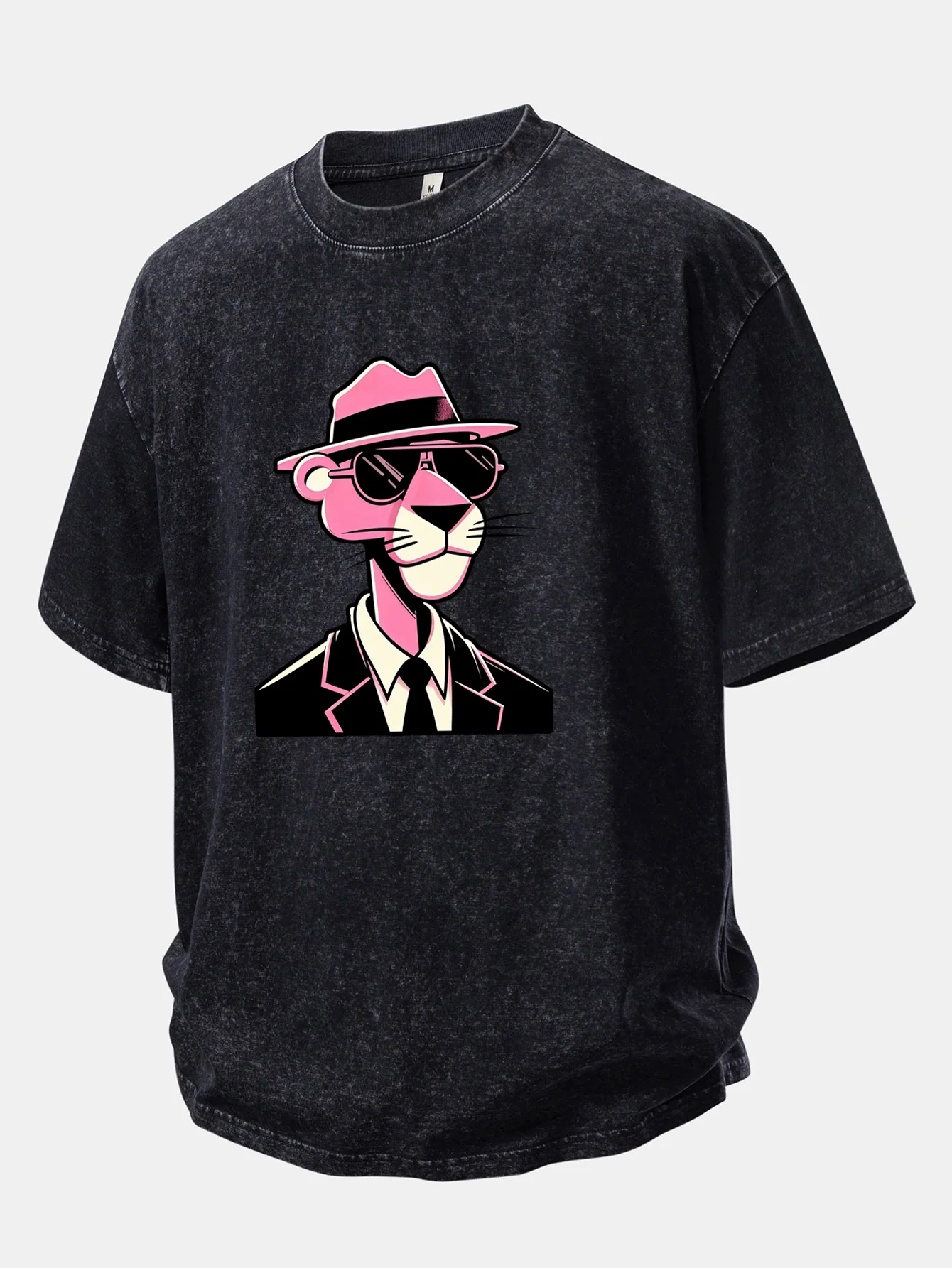 Pink Gentleman Panther Print Washed Distressed Drop Shoulder T-Shirt