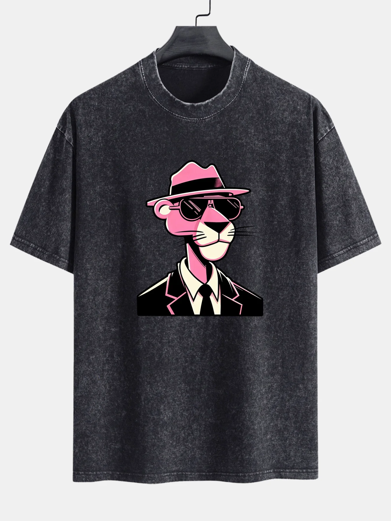 Pink Gentleman Panther Print Washed Distressed Drop Shoulder T-Shirt