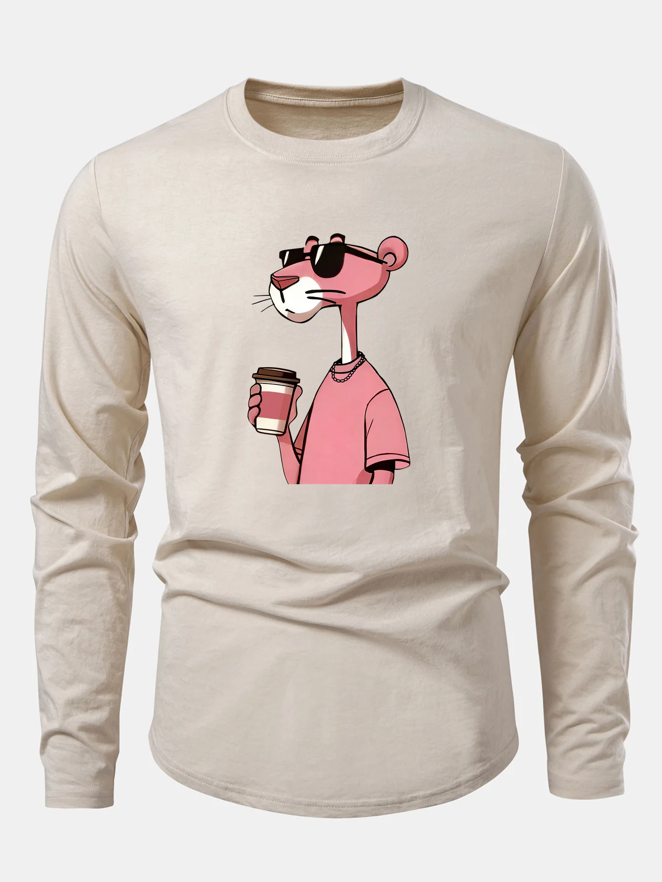 Pink Panther Drinking Coffee Print Cotton Arc Hem T-Shirt - Image 2