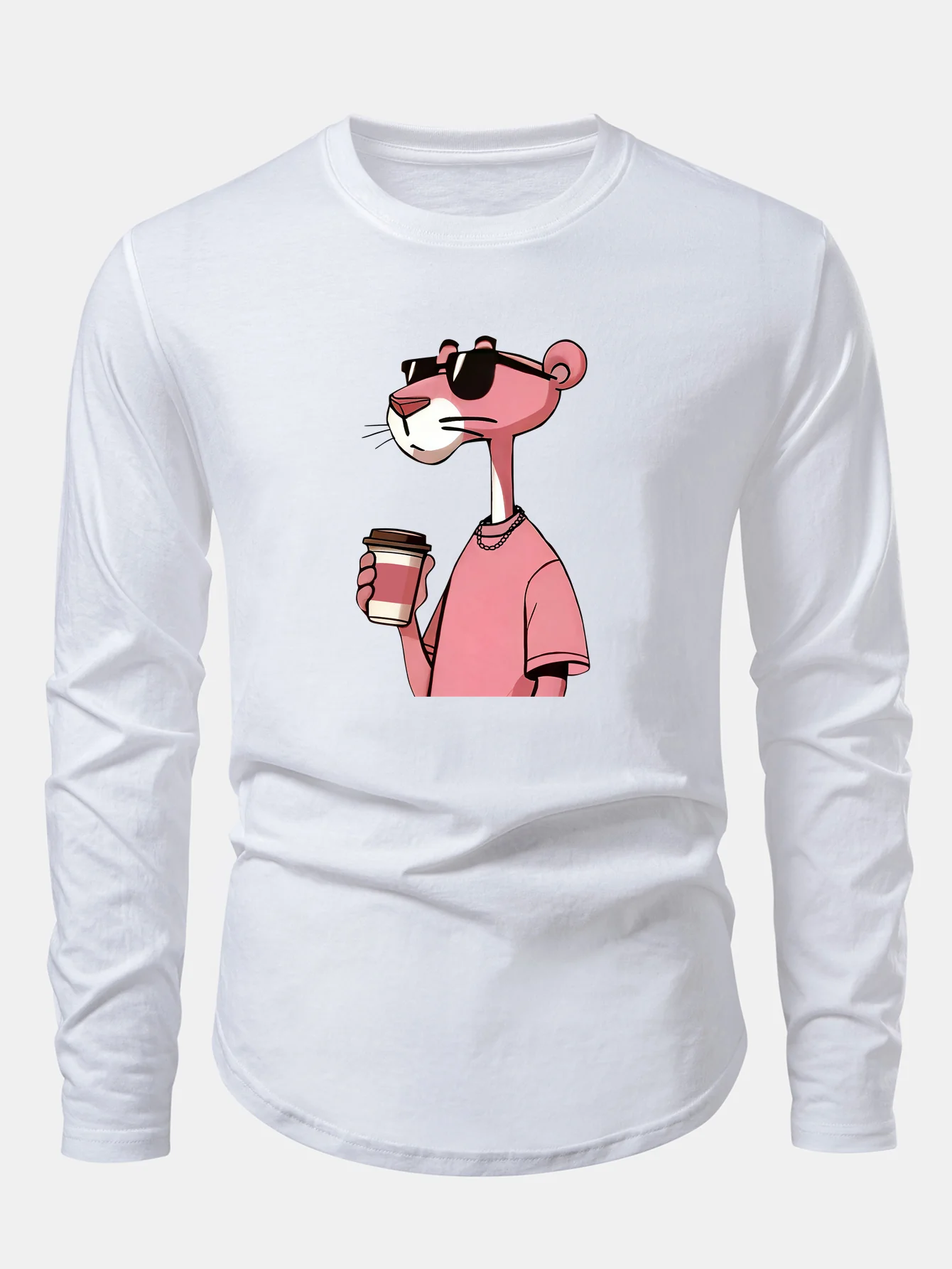 Pink Panther Drinking Coffee Print Cotton Arc Hem T-Shirt - Image 4