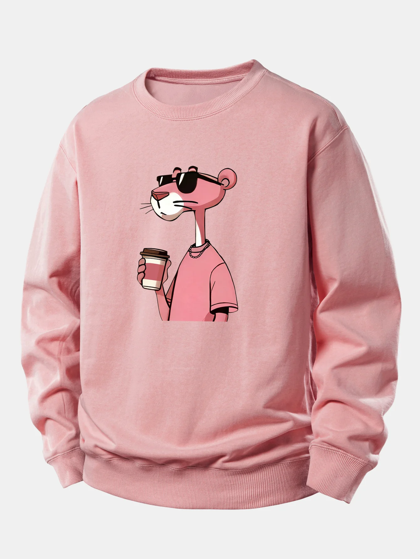 Pink Panther Drinking Coffee Print Relax Fit Sweatshirt - Image 2