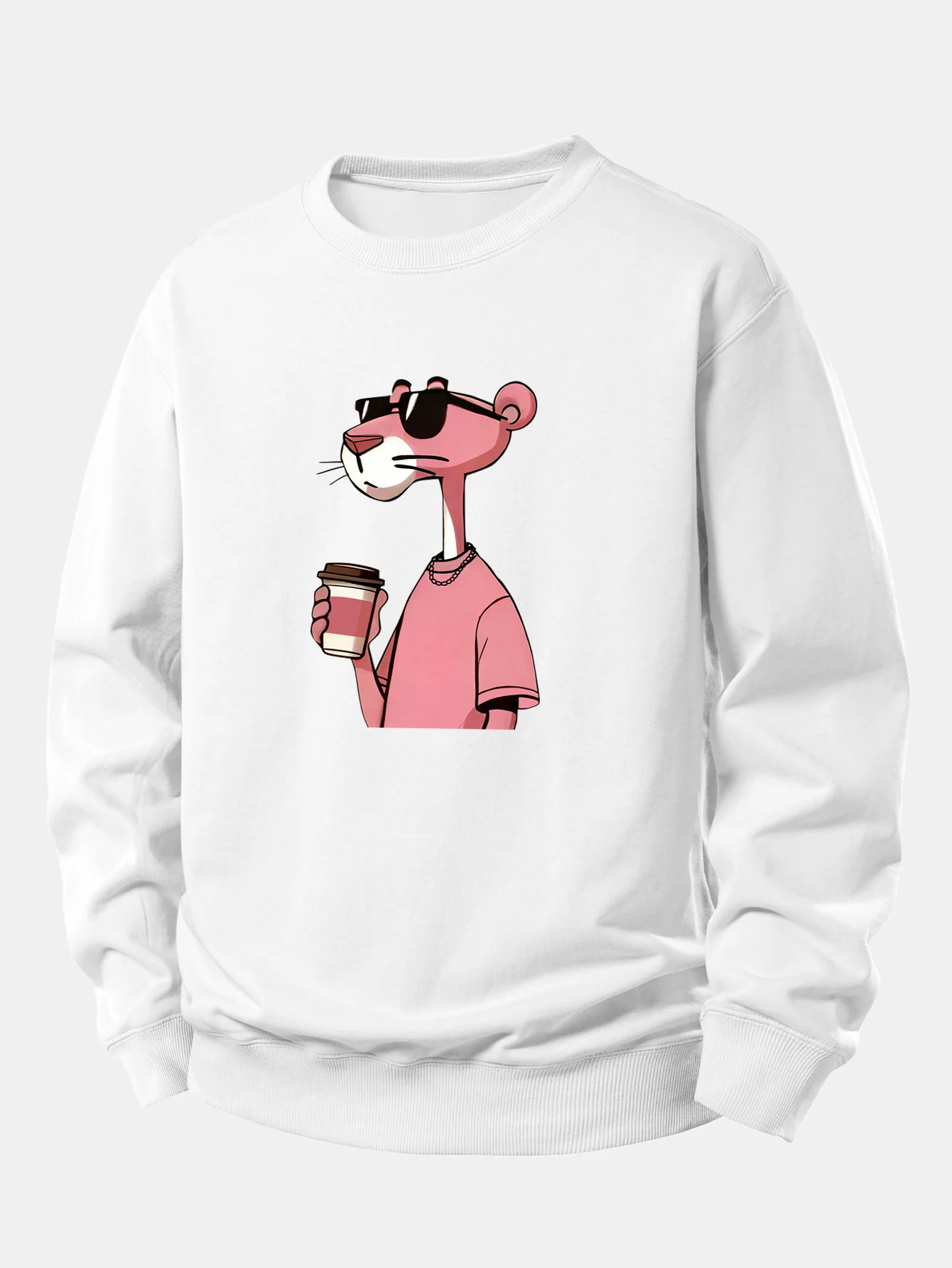Pink Panther Drinking Coffee Print Relax Fit Sweatshirt - Image 3