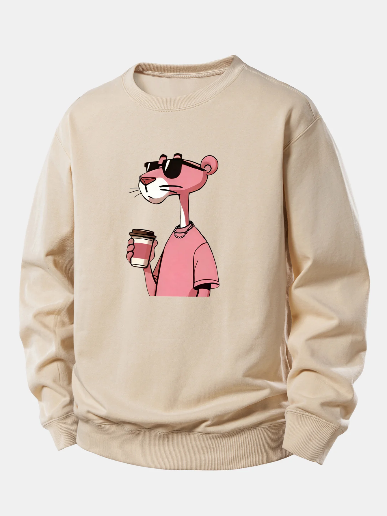 Pink Panther Drinking Coffee Print Relax Fit Sweatshirt - Image 4