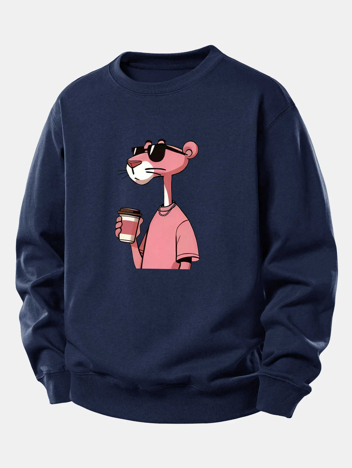 Pink Panther Drinking Coffee Print Relax Fit Sweatshirt - Image 6
