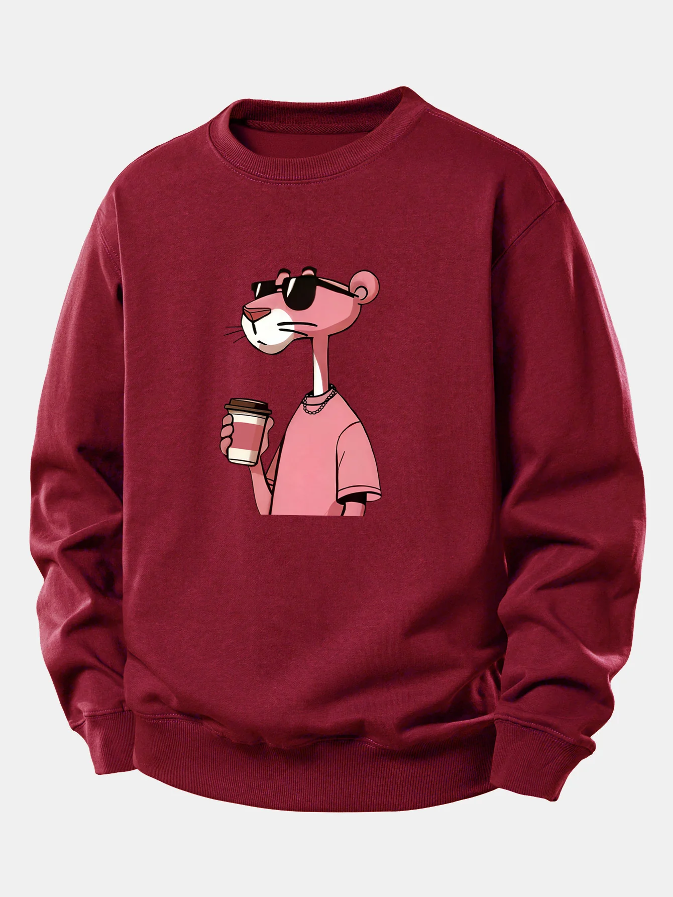 Pink Panther Drinking Coffee Print Relax Fit Sweatshirt - Image 7