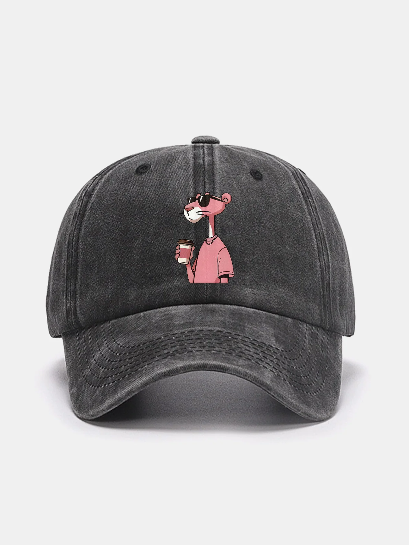 Pink Panther Drinking Coffee Print Washed Baseball Cap