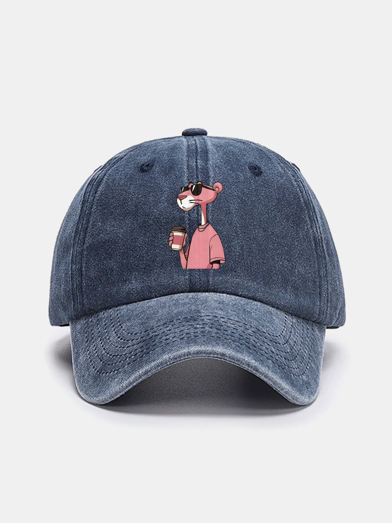 Pink Panther Drinking Coffee Print Washed Baseball Cap - Image 4