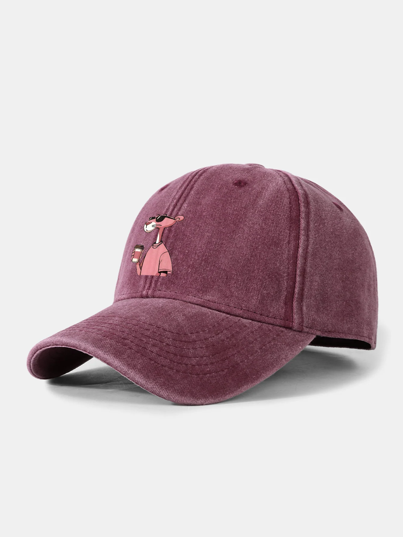 Pink Panther Drinking Coffee Print Washed Baseball Cap - Image 5