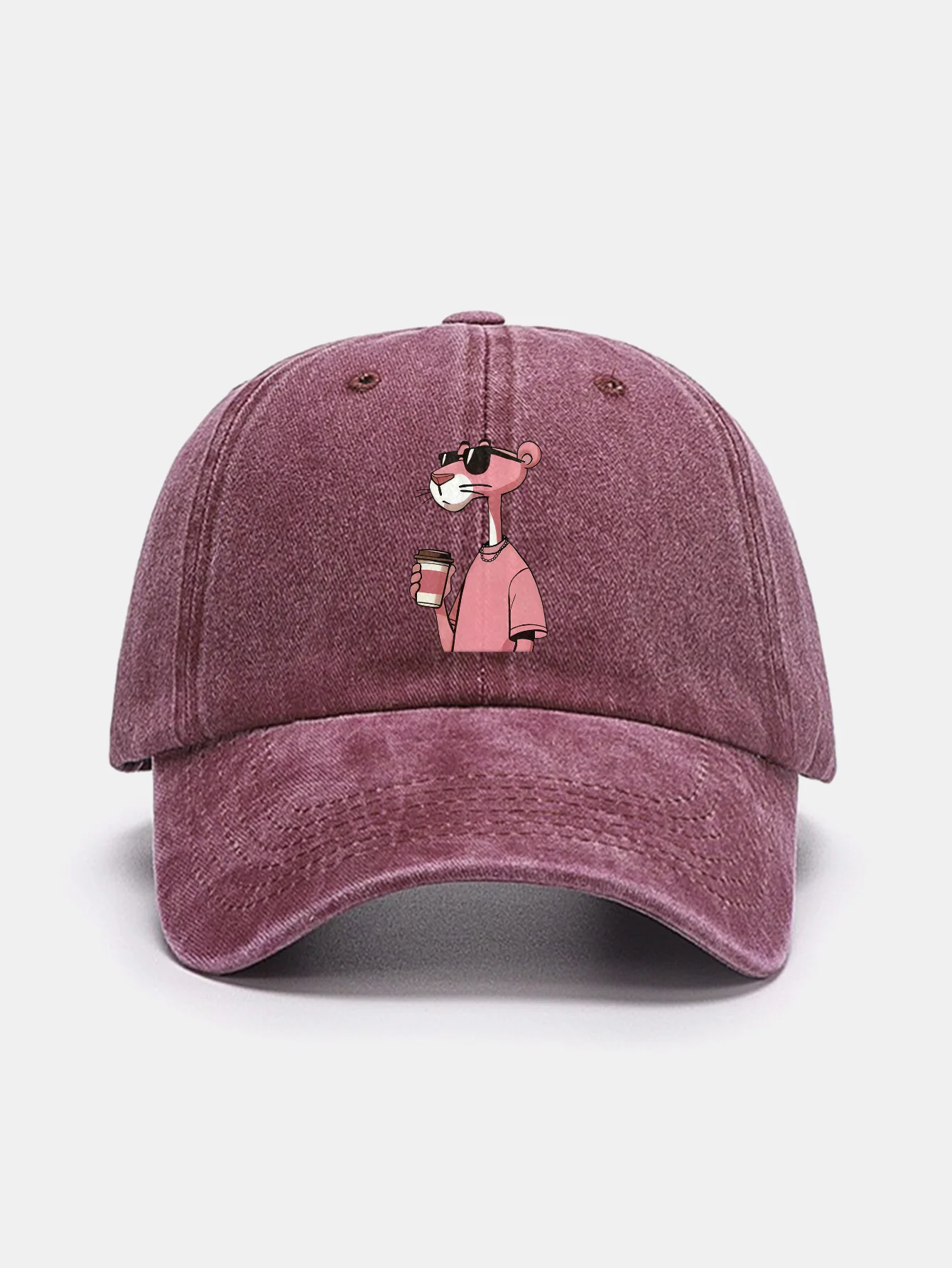 Pink Panther Drinking Coffee Print Washed Baseball Cap - Image 6