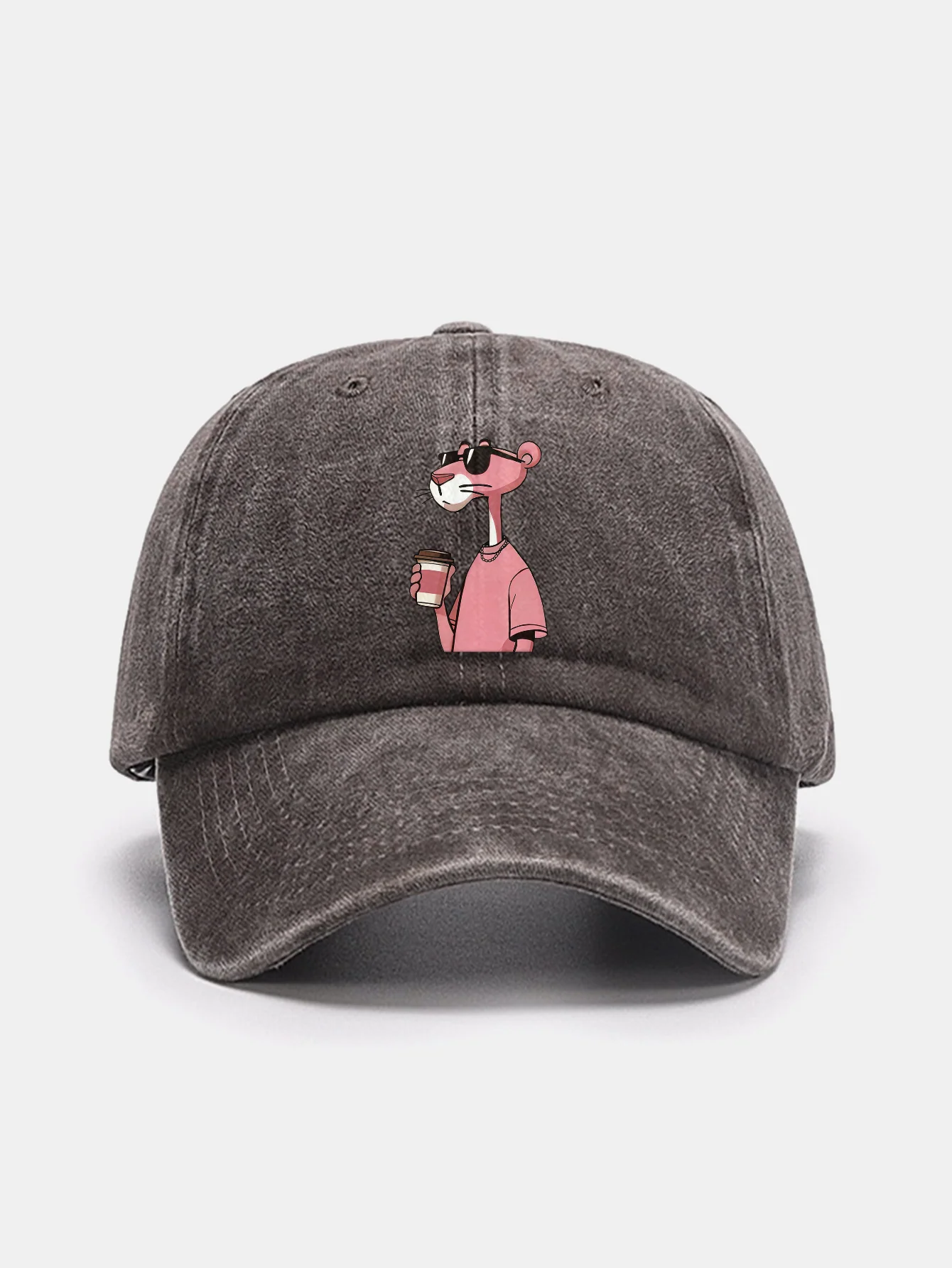 Pink Panther Drinking Coffee Print Washed Baseball Cap - Image 8