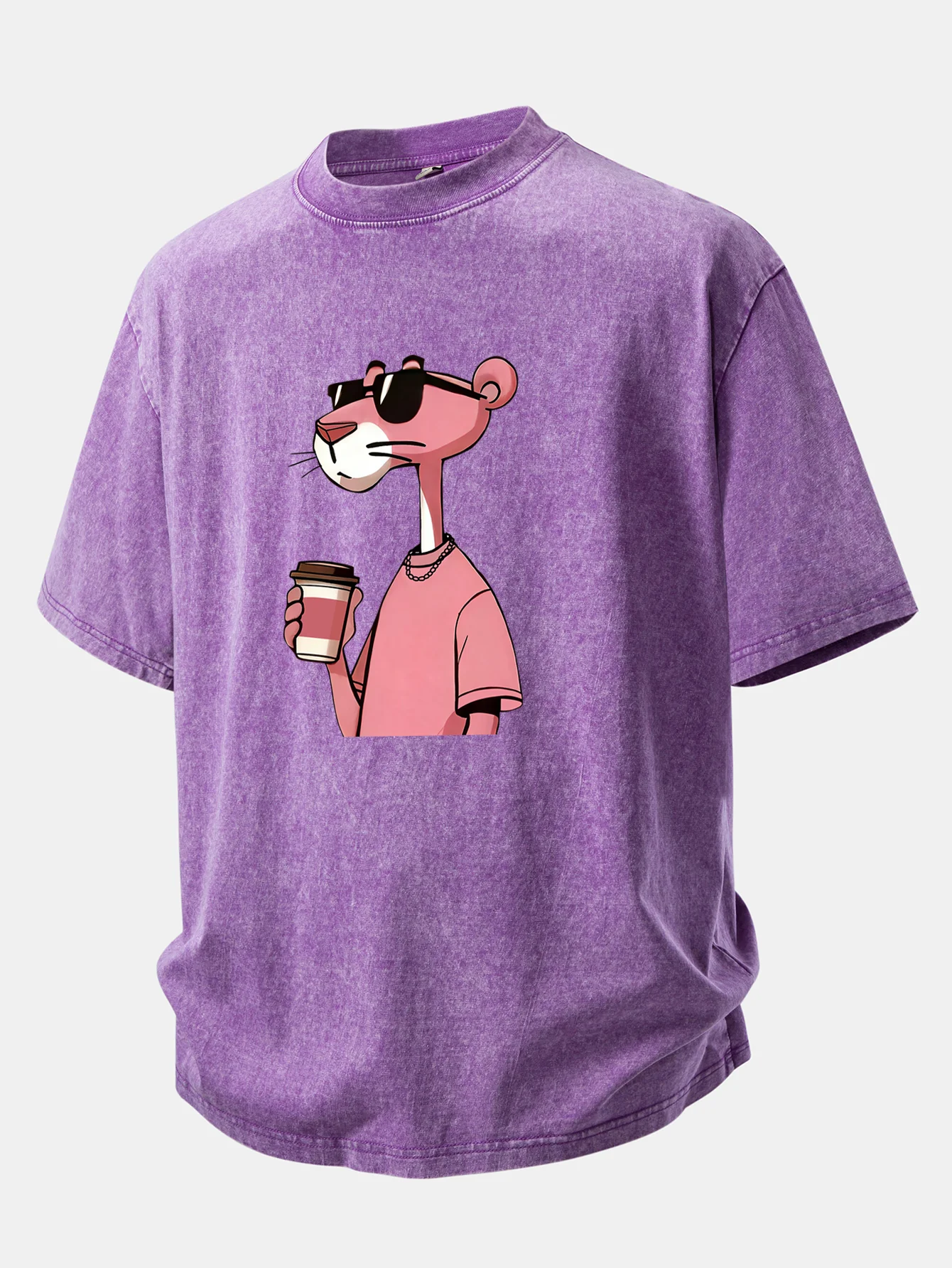 Pink Panther Drinking Coffee Print Washed Distressed Drop Shoulder T-Shirt - Image 3
