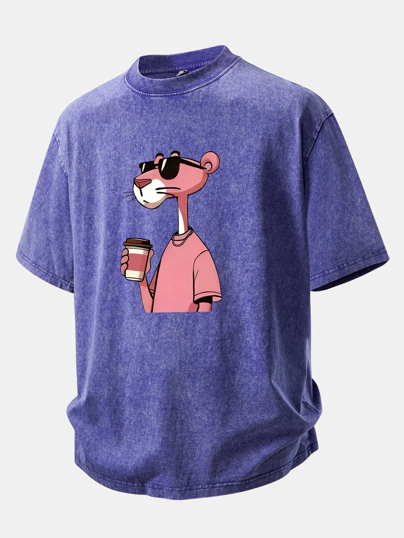 Pink Panther Drinking Coffee Print Washed Distressed Drop Shoulder T-Shirt - Image 5