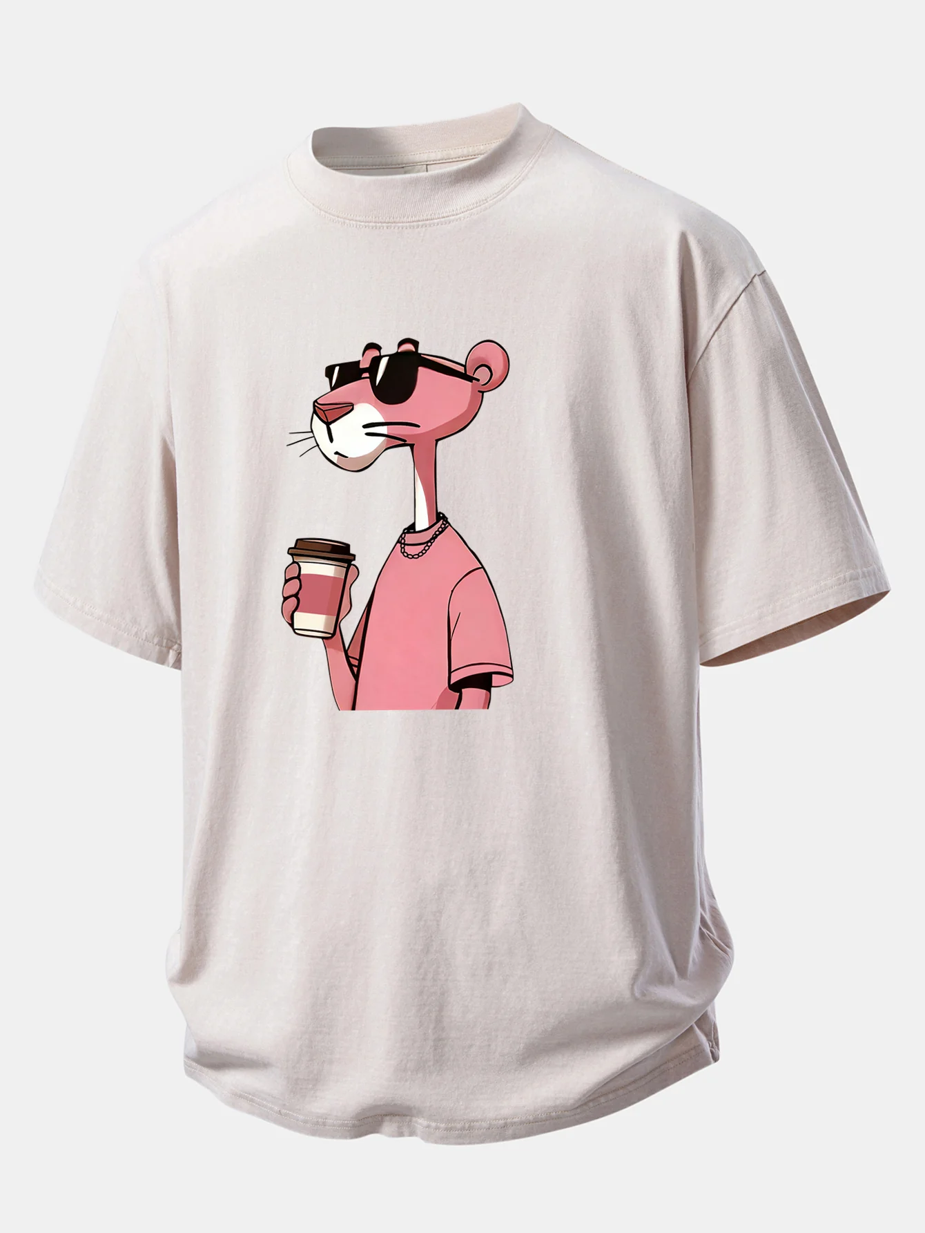 Pink Panther Drinking Coffee Print Washed Distressed Drop Shoulder T-Shirt - Image 8