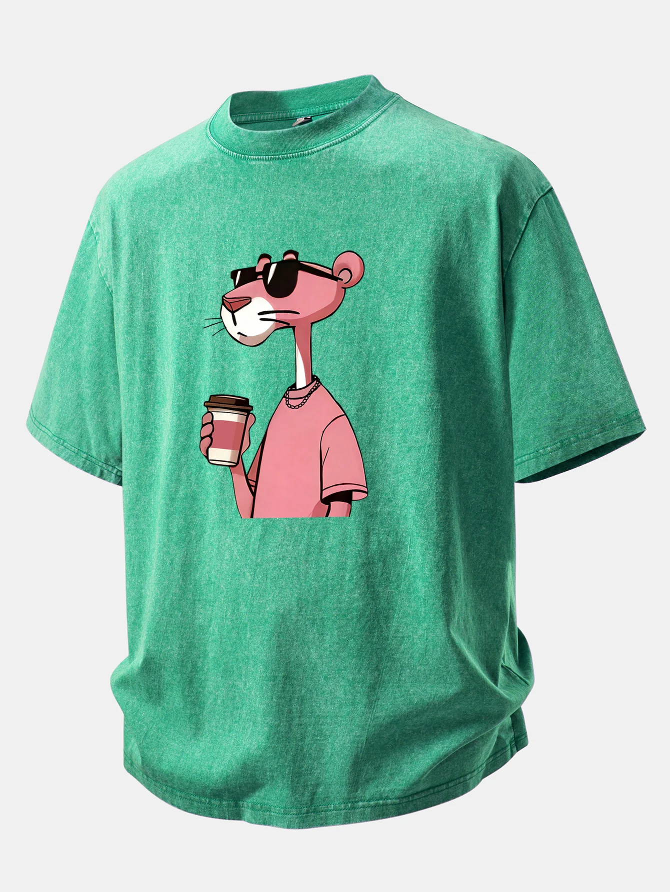Pink Panther Drinking Coffee Print Washed Distressed Drop Shoulder T-Shirt - Image 9