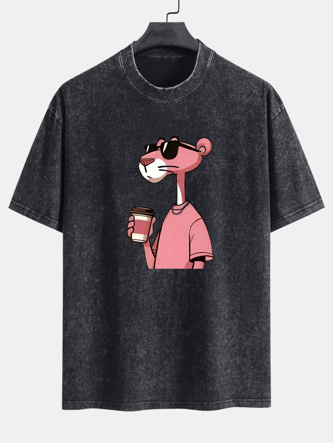 Pink Panther Drinking Coffee Print Washed Distressed Drop Shoulder T-Shirt