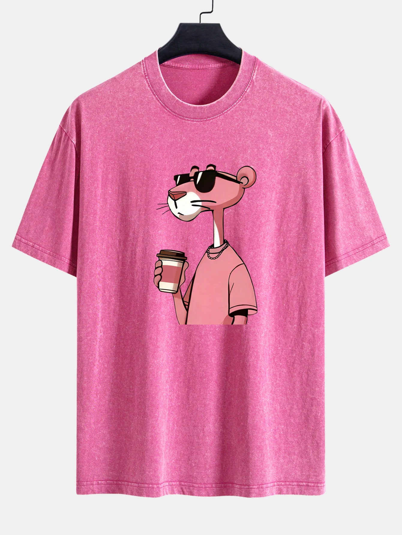 Pink Panther Drinking Coffee Print Washed Distressed Drop Shoulder T-Shirt - Image 2