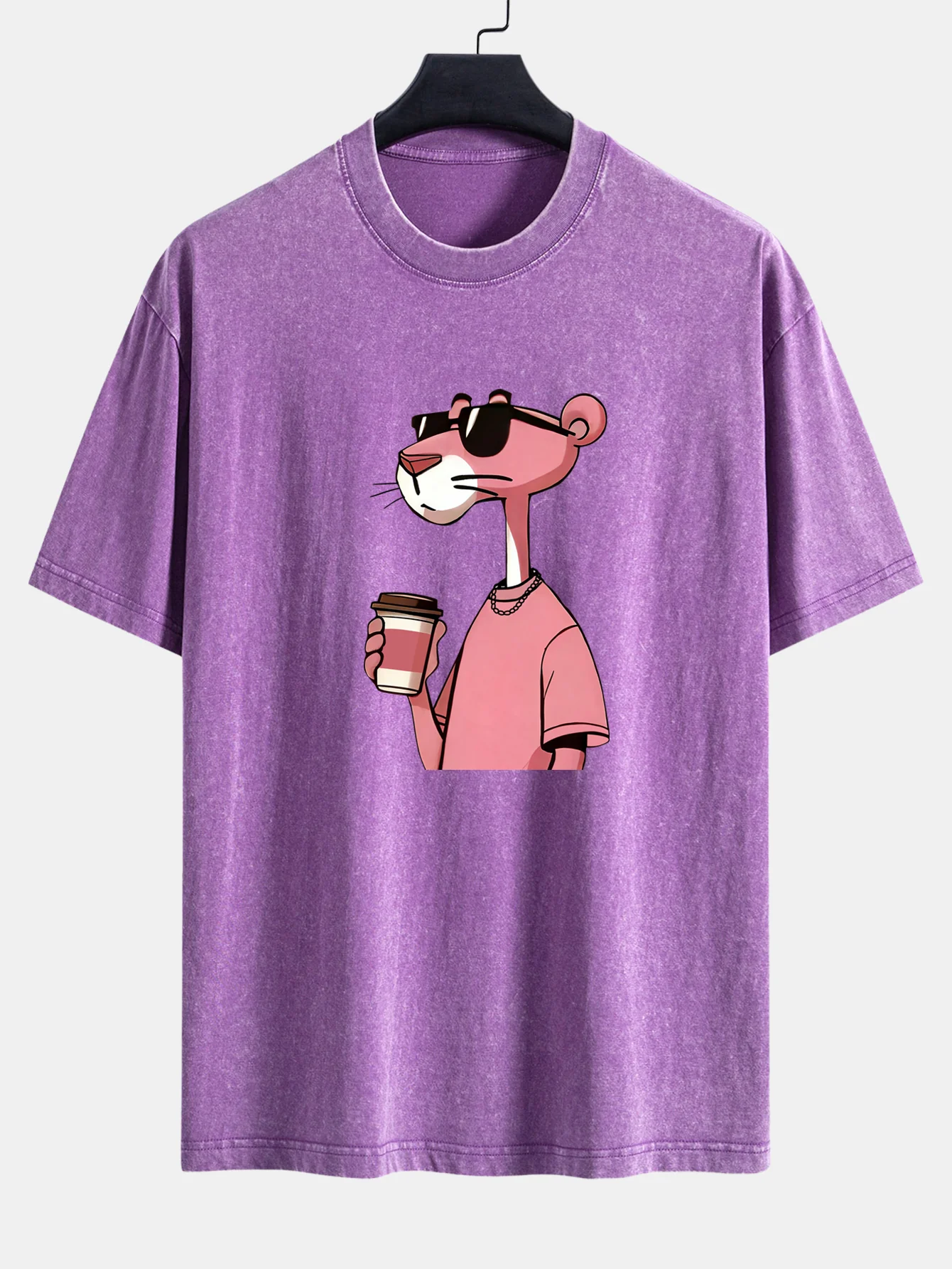 Pink Panther Drinking Coffee Print Washed Distressed Drop Shoulder T-Shirt - Image 3