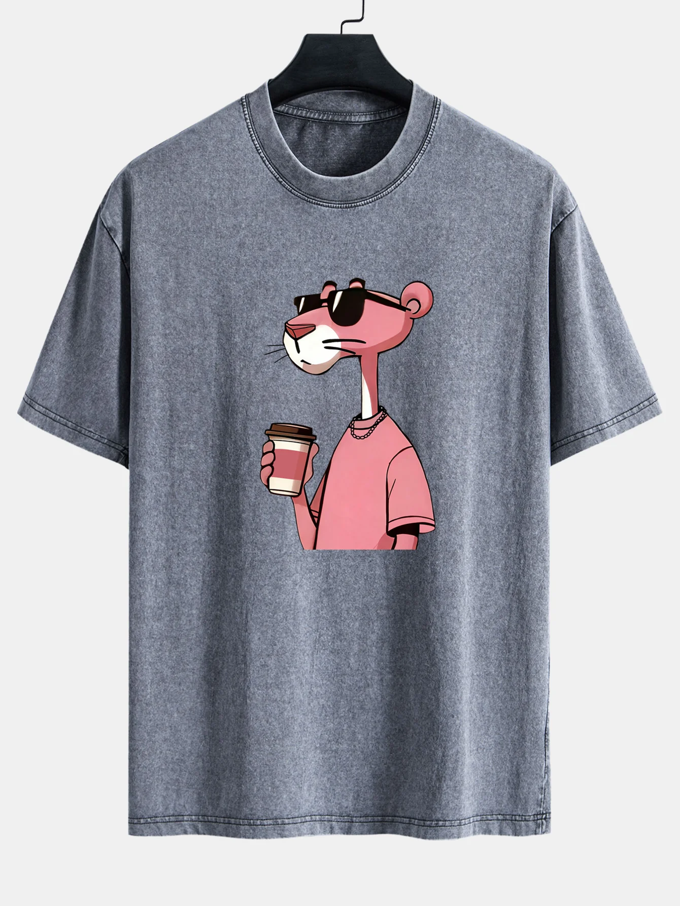 Pink Panther Drinking Coffee Print Washed Distressed Drop Shoulder T-Shirt - Image 4