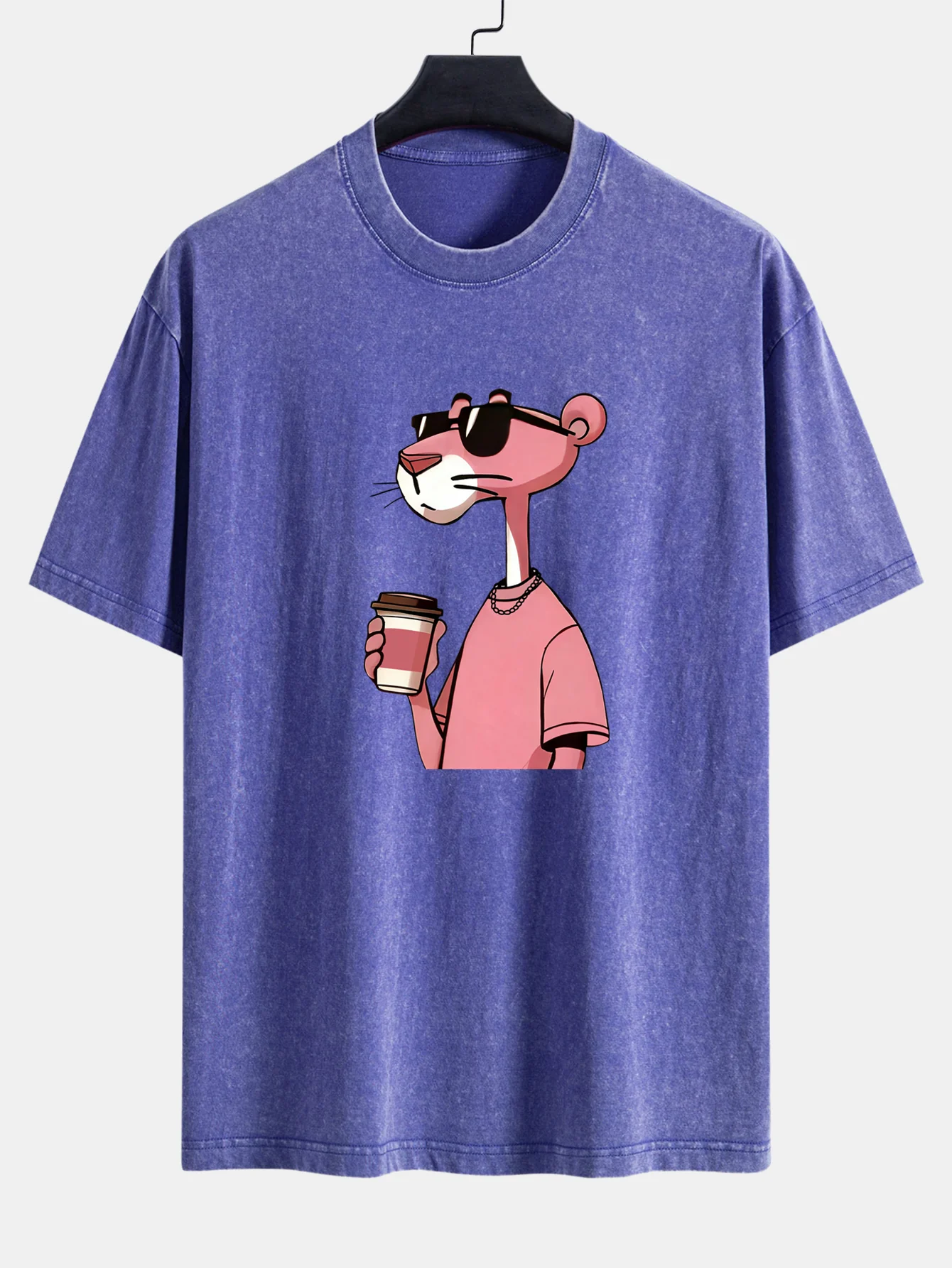 Pink Panther Drinking Coffee Print Washed Distressed Drop Shoulder T-Shirt - Image 5
