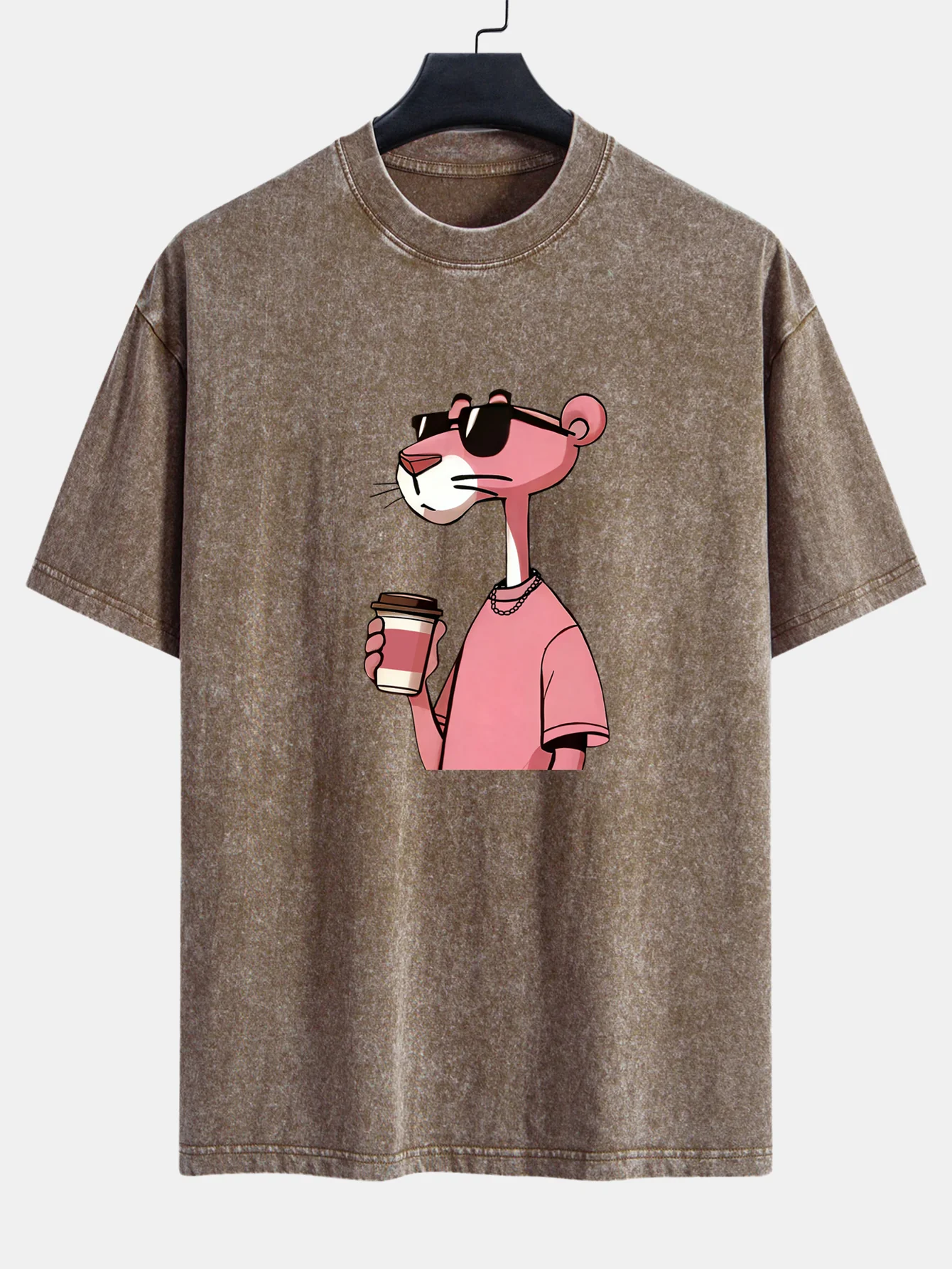 Pink Panther Drinking Coffee Print Washed Distressed Drop Shoulder T-Shirt - Image 6