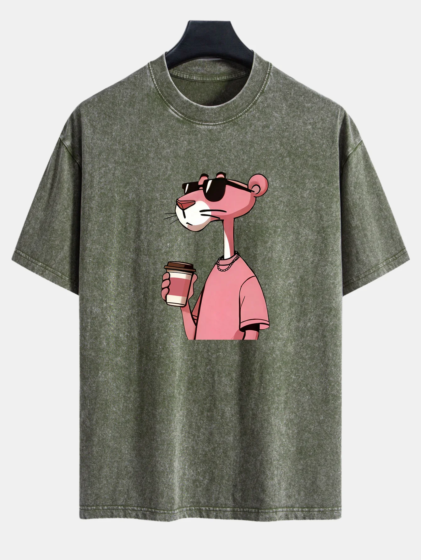 Pink Panther Drinking Coffee Print Washed Distressed Drop Shoulder T-Shirt - Image 7