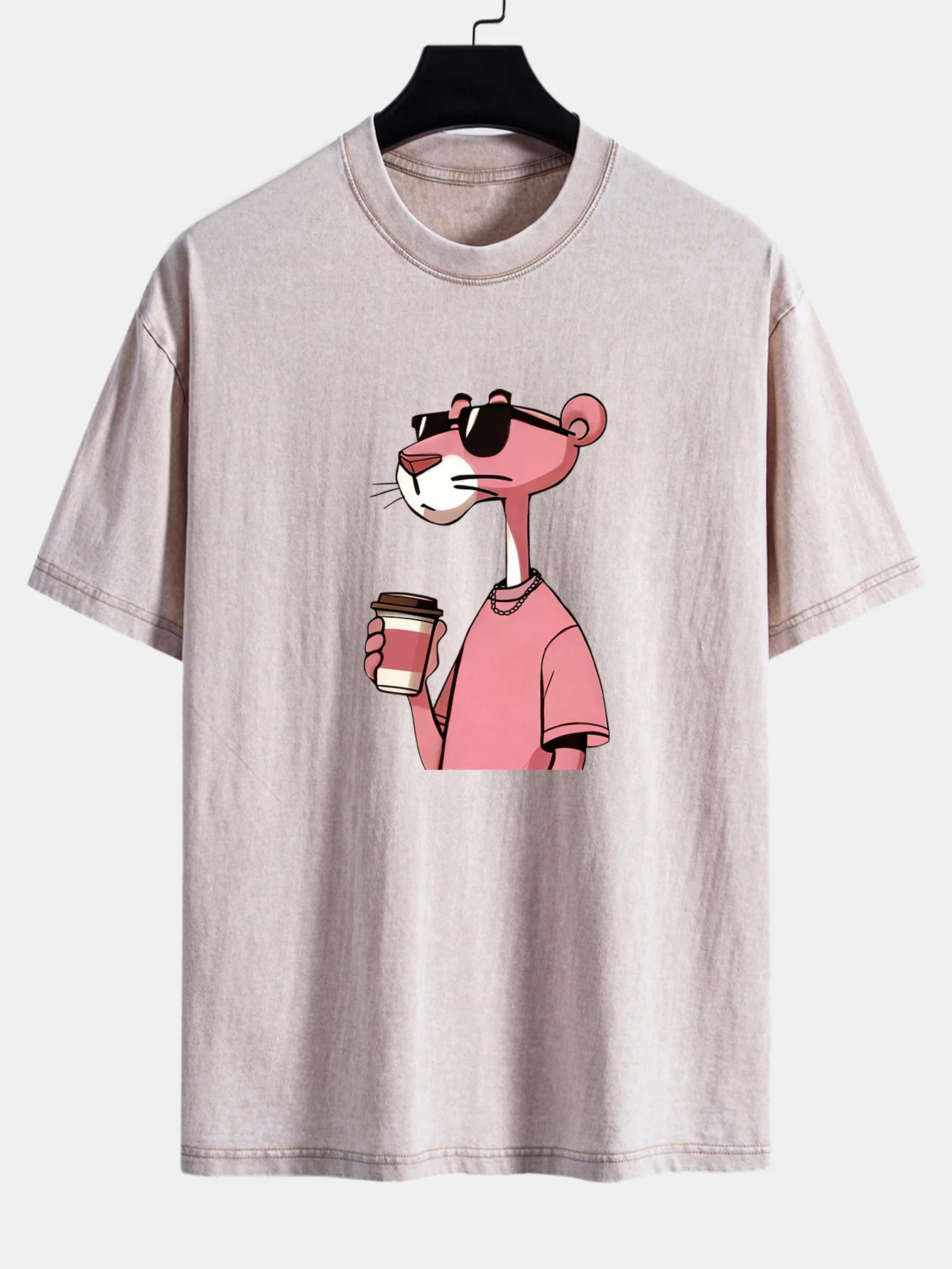 Pink Panther Drinking Coffee Print Washed Distressed Drop Shoulder T-Shirt - Image 8