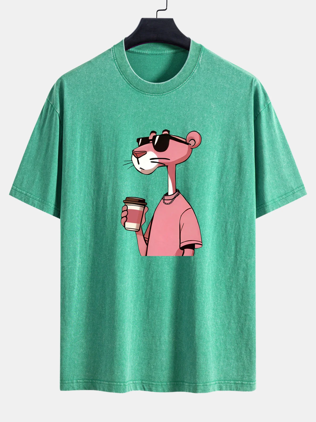 Pink Panther Drinking Coffee Print Washed Distressed Drop Shoulder T-Shirt - Image 9