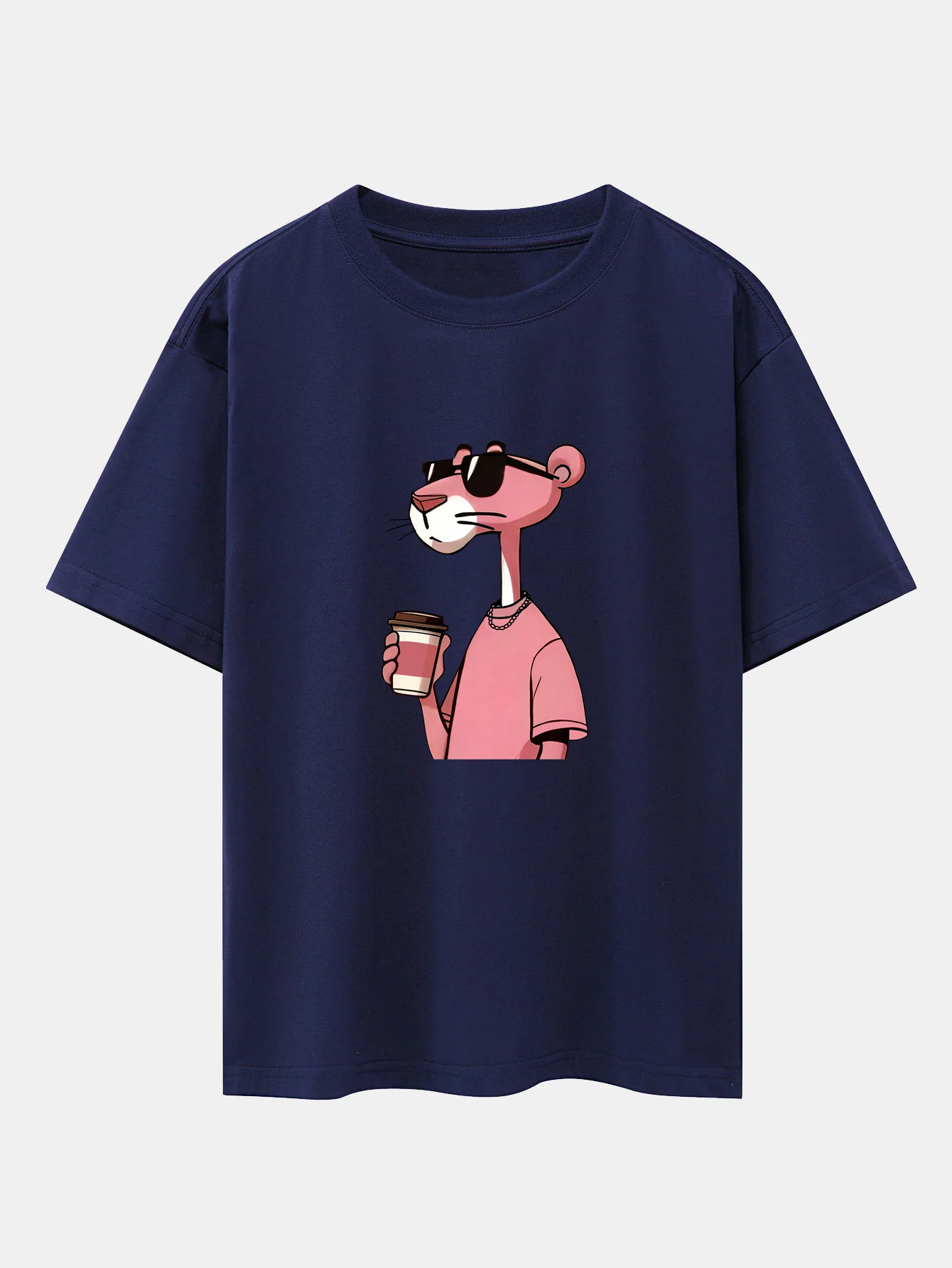 Pink Panther Drinking Coffee Print Drop Shoulder Oversize T-Shirt - Image 10
