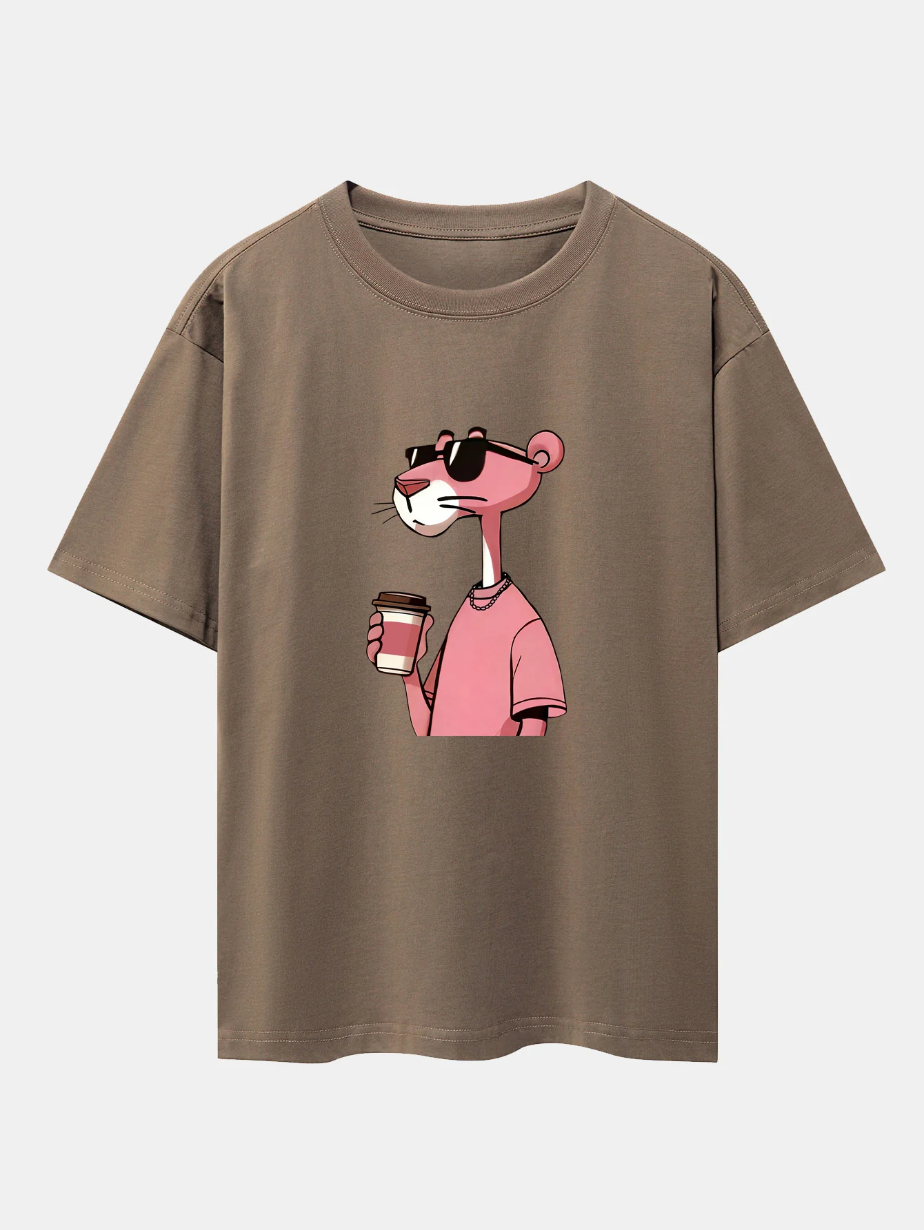 Pink Panther Drinking Coffee Print Drop Shoulder Oversize T-Shirt - Image 11
