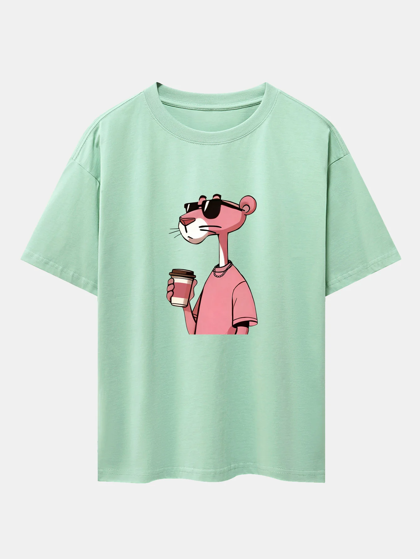 Pink Panther Drinking Coffee Print Drop Shoulder Oversize T-Shirt - Image 12