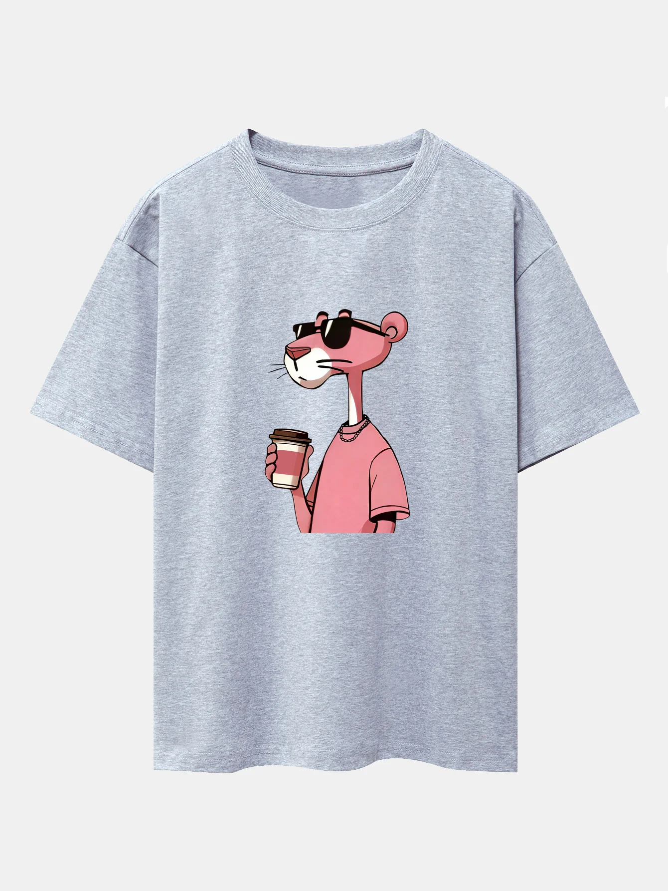 Pink Panther Drinking Coffee Print Drop Shoulder Oversize T-Shirt - Image 13