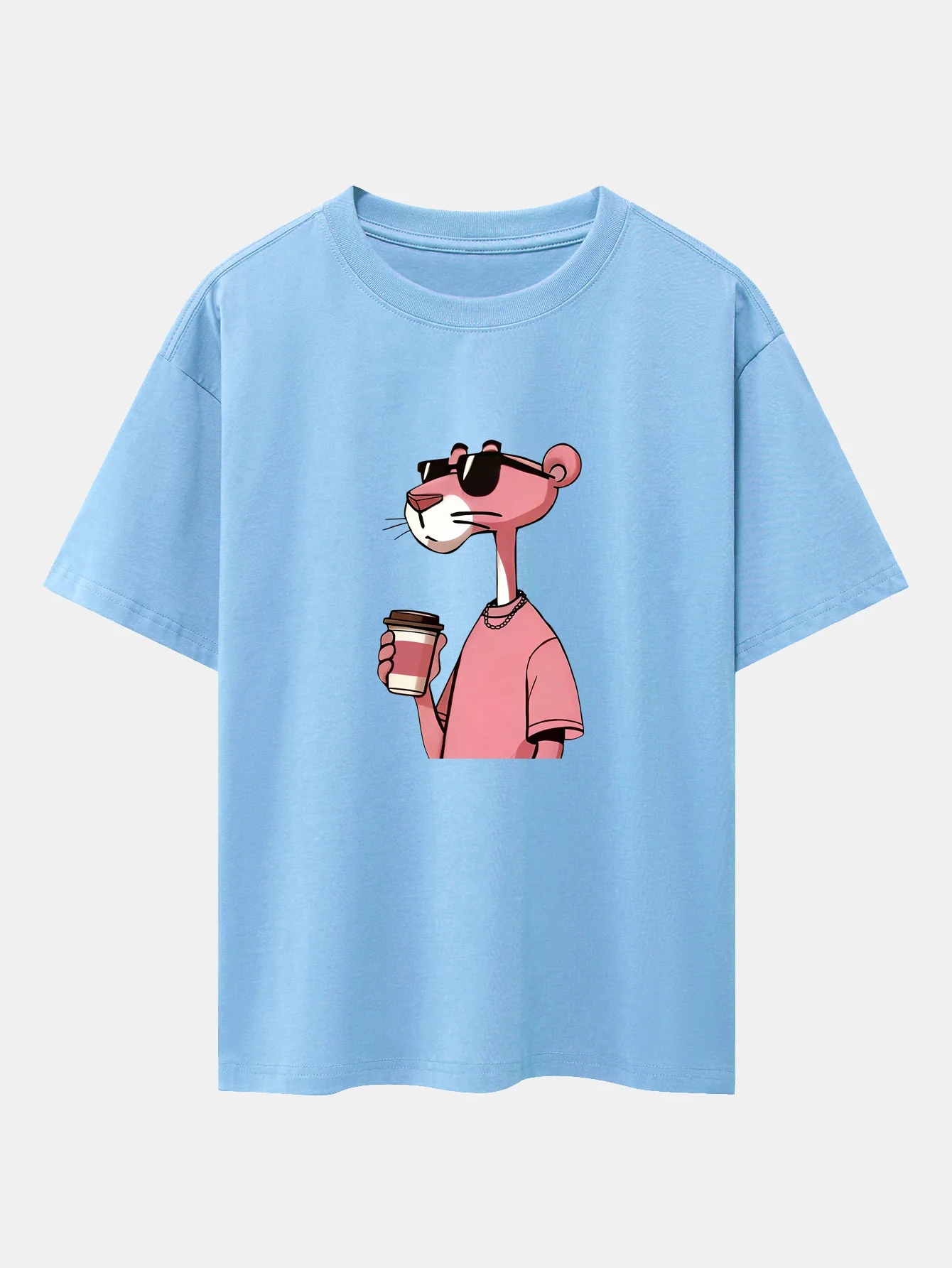 Pink Panther Drinking Coffee Print Drop Shoulder Oversize T-Shirt - Image 14
