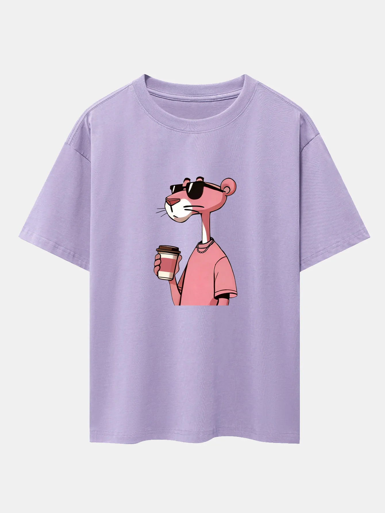 Pink Panther Drinking Coffee Print Drop Shoulder Oversize T-Shirt - Image 15