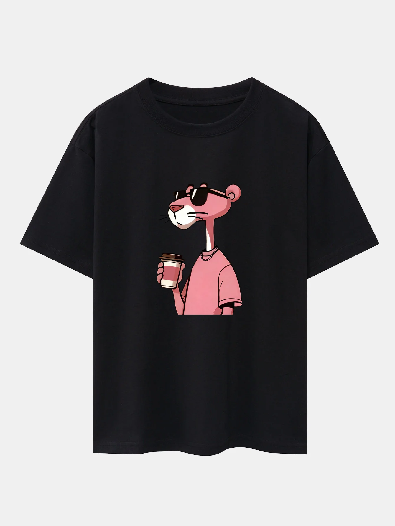Pink Panther Drinking Coffee Print Drop Shoulder Oversize T-Shirt - Image 2