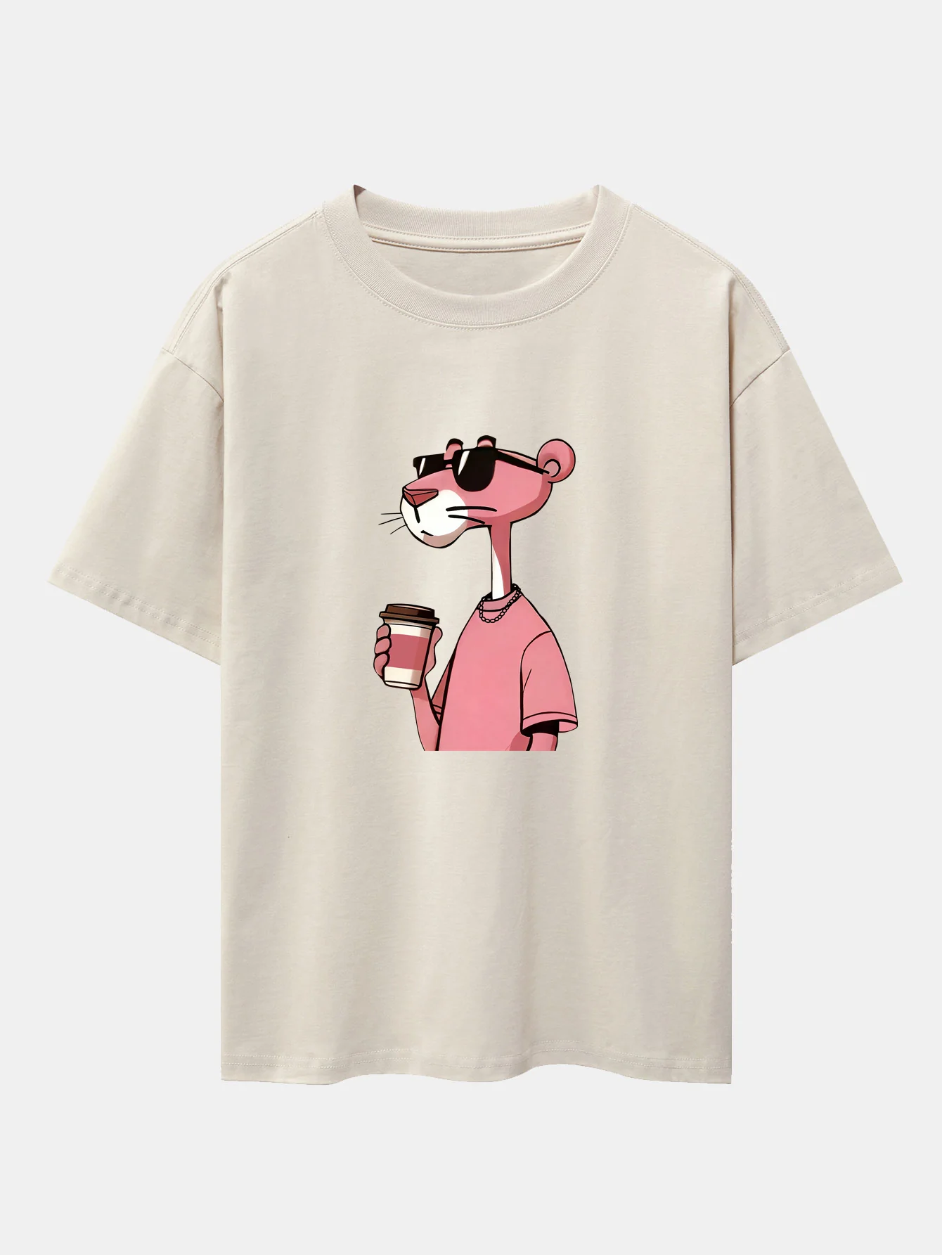 Pink Panther Drinking Coffee Print Drop Shoulder Oversize T-Shirt - Image 3