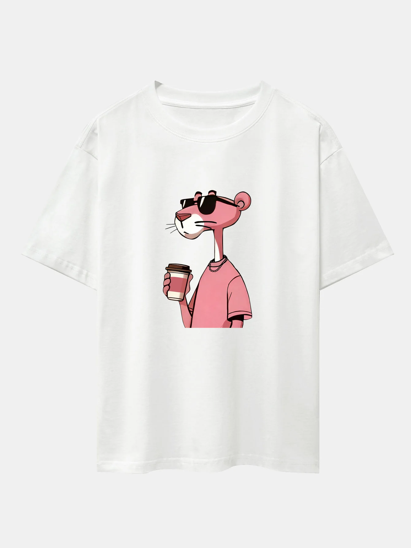 Pink Panther Drinking Coffee Print Drop Shoulder Oversize T-Shirt - Image 4