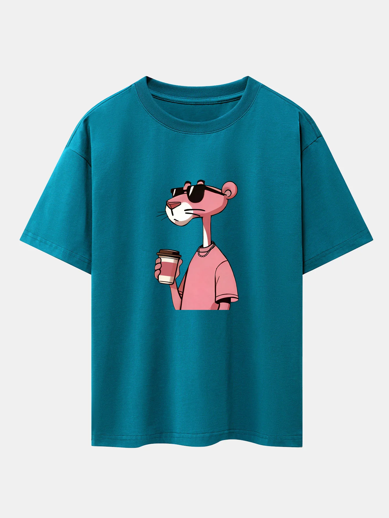 Pink Panther Drinking Coffee Print Drop Shoulder Oversize T-Shirt - Image 5