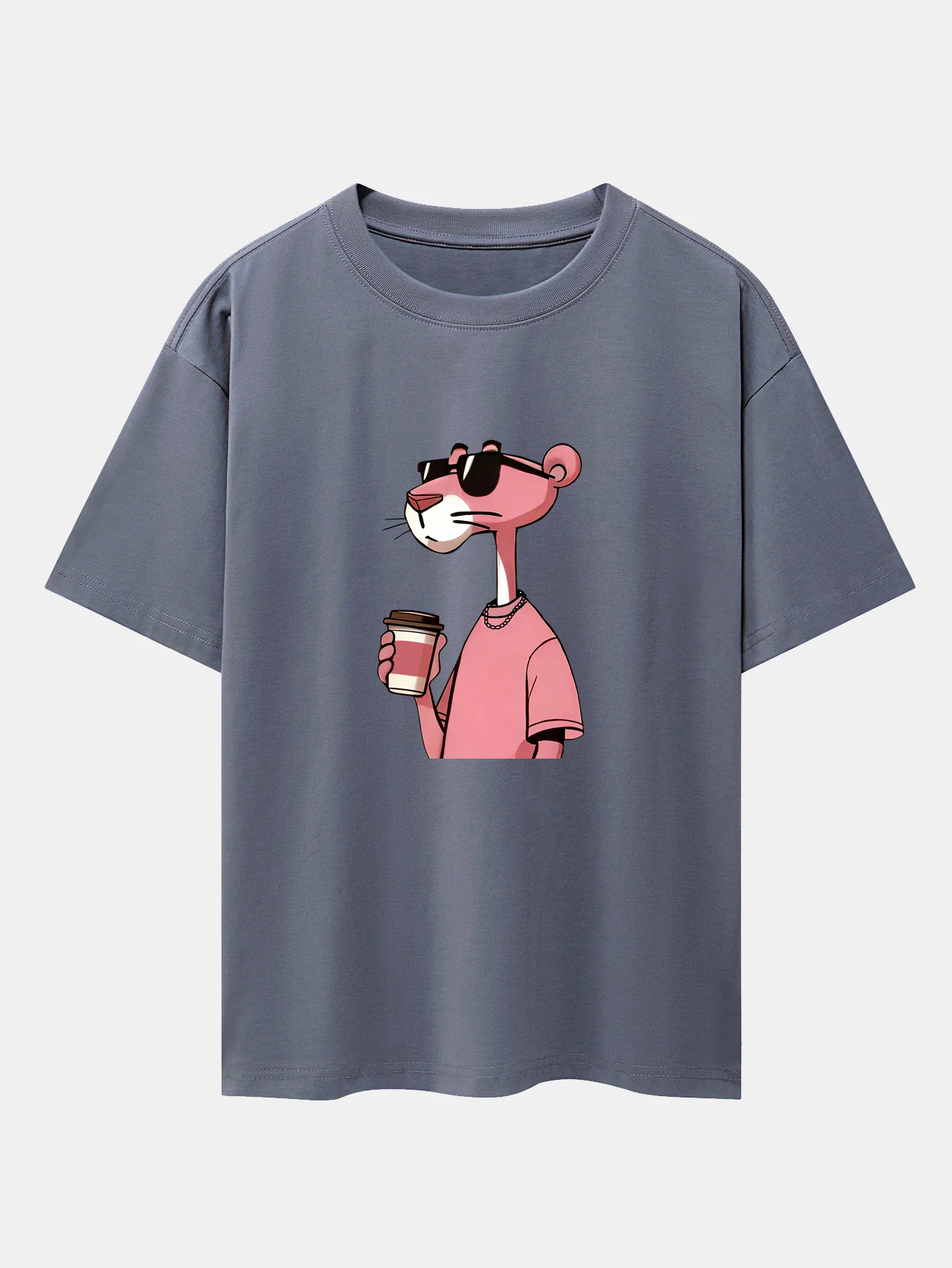 Pink Panther Drinking Coffee Print Drop Shoulder Oversize T-Shirt - Image 6