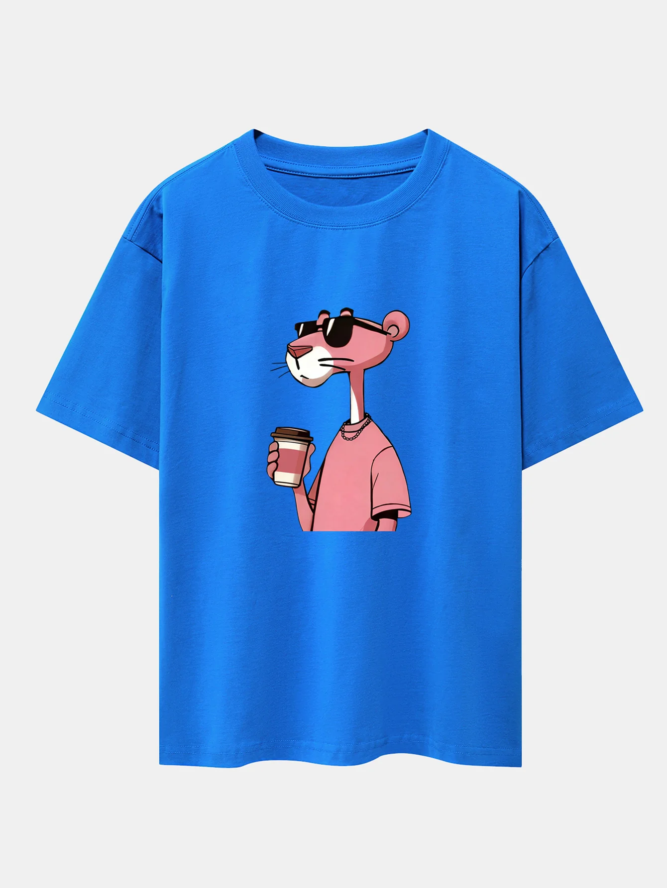 Pink Panther Drinking Coffee Print Drop Shoulder Oversize T-Shirt - Image 7