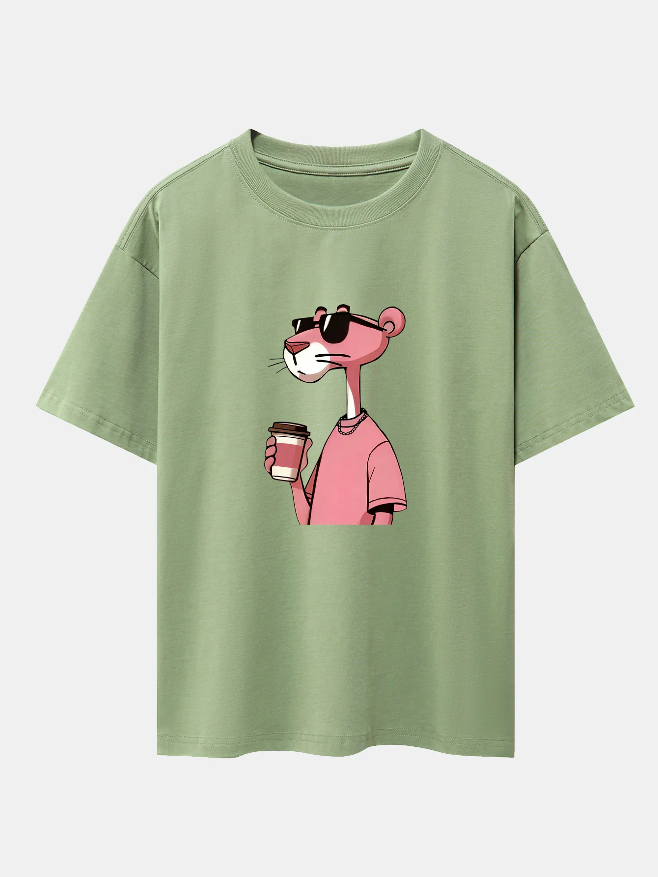 Pink Panther Drinking Coffee Print Drop Shoulder Oversize T-Shirt - Image 8