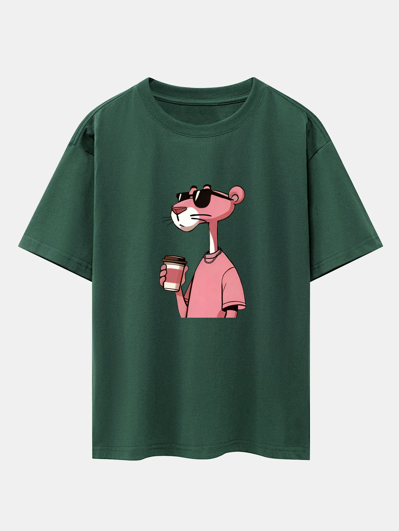 Pink Panther Drinking Coffee Print Drop Shoulder Oversize T-Shirt - Image 9