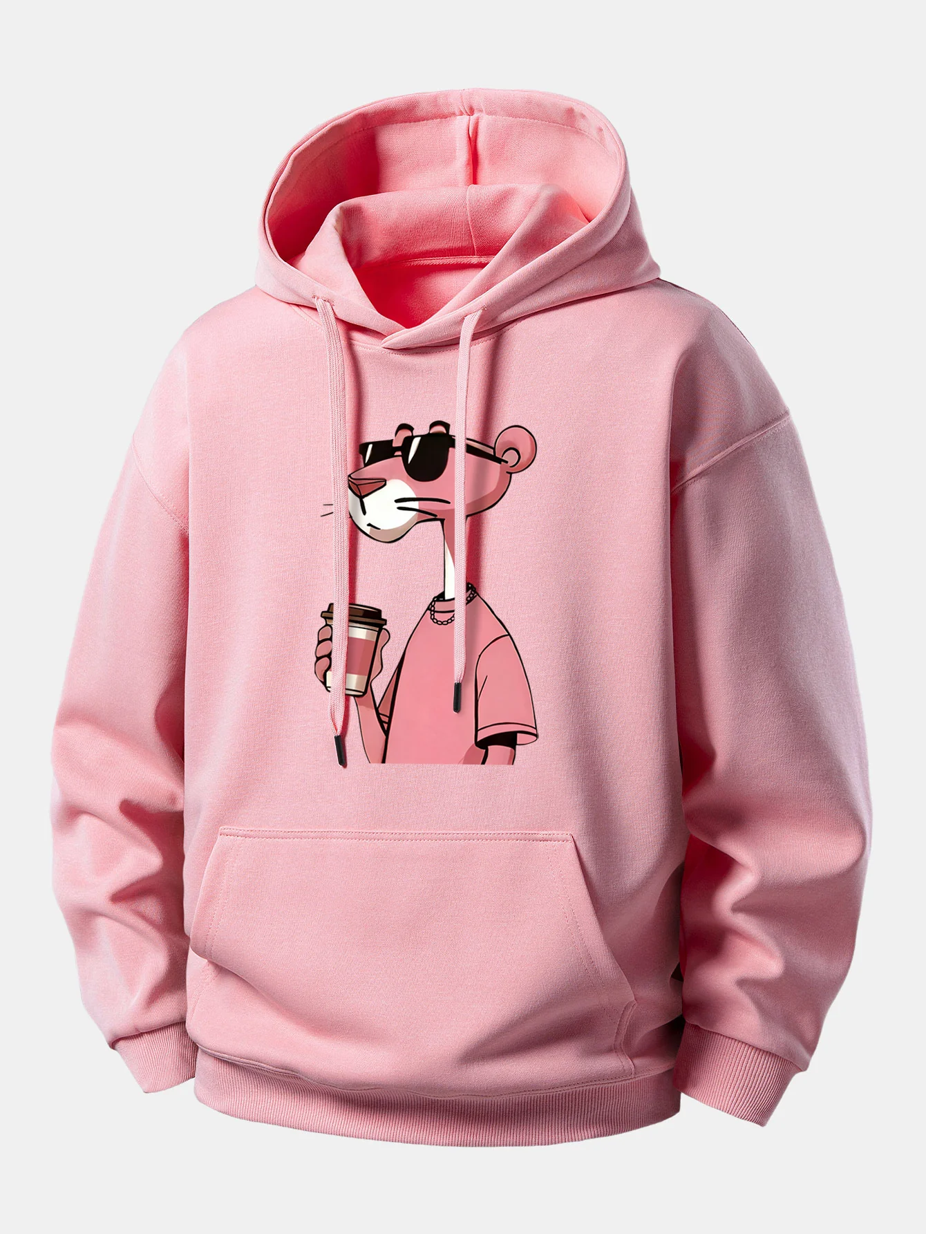 Pink Panther Drinking Coffee Print Relax Fit Hoodie