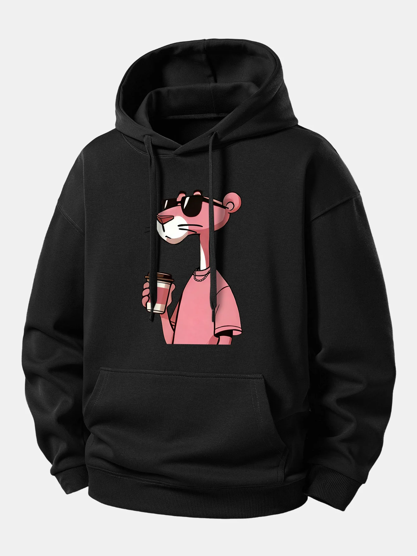 Pink Panther Drinking Coffee Print Relax Fit Hoodie - Image 2