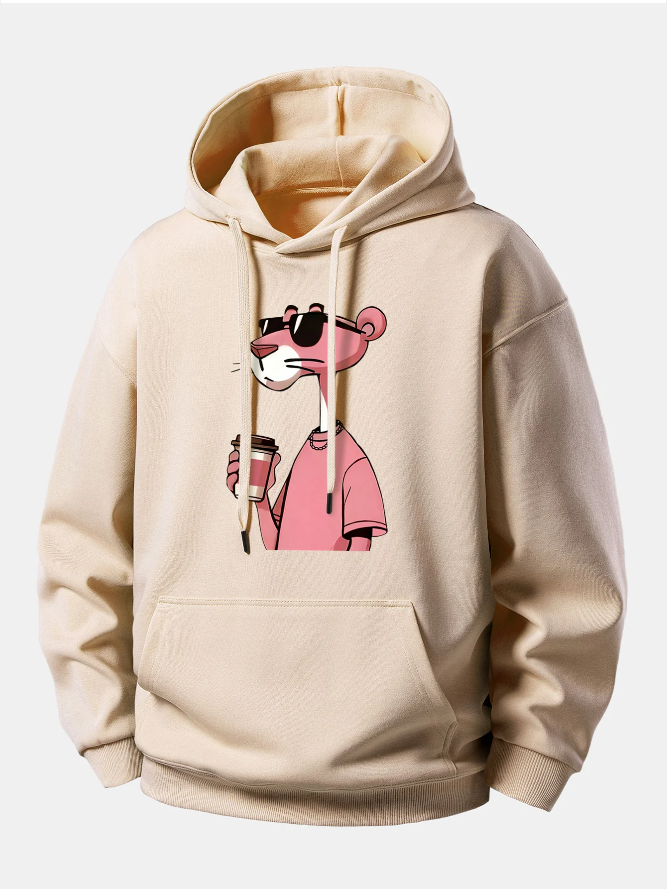 Pink Panther Drinking Coffee Print Relax Fit Hoodie - Image 3