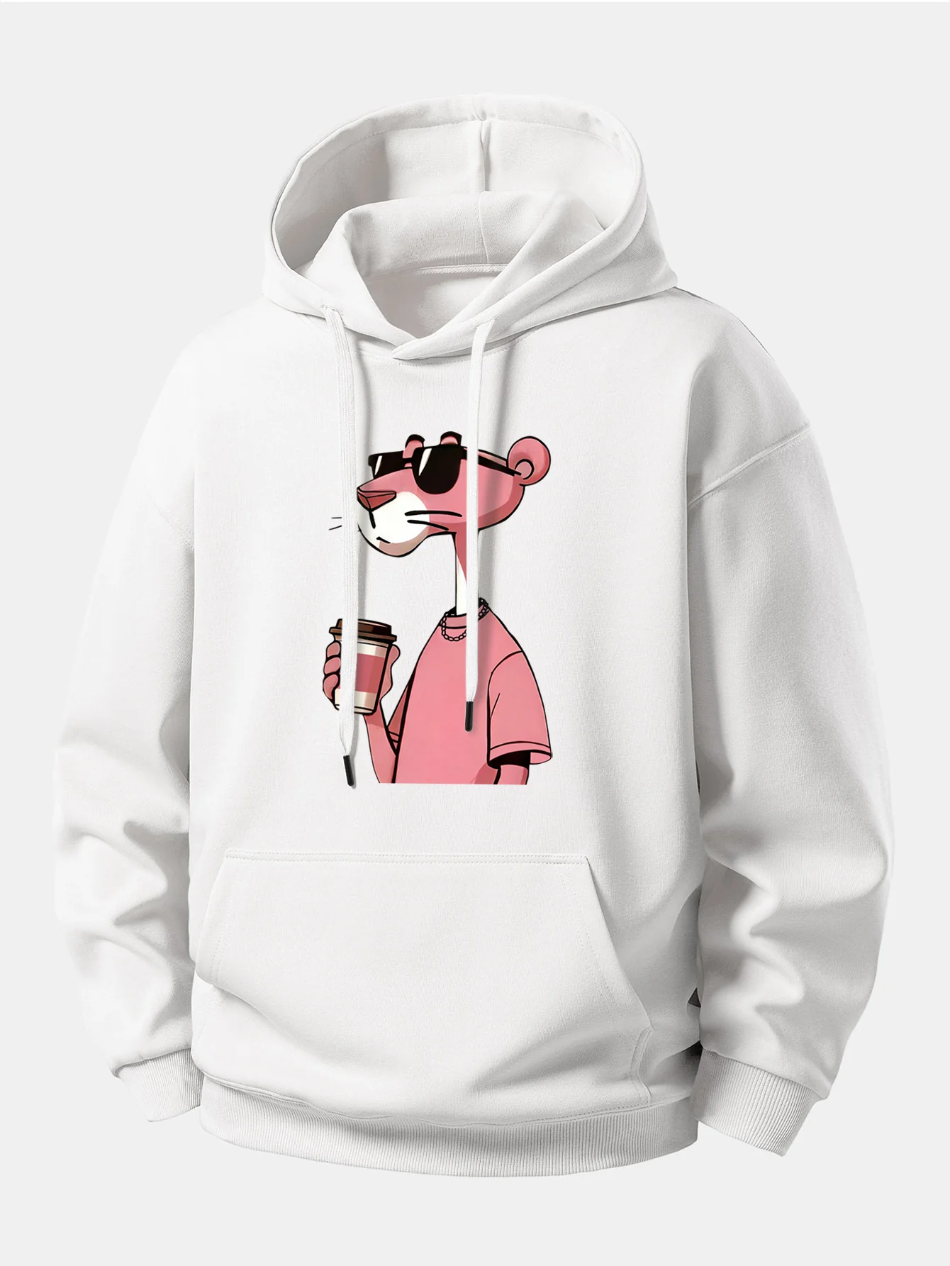 Pink Panther Drinking Coffee Print Relax Fit Hoodie - Image 4