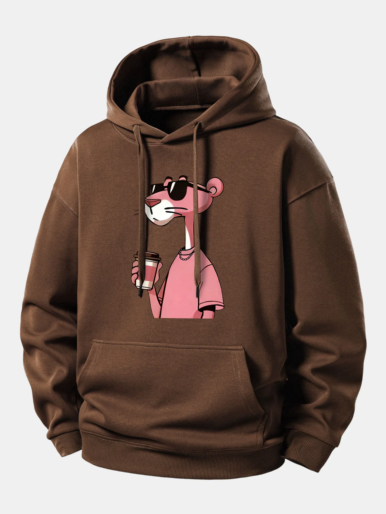 Pink Panther Drinking Coffee Print Relax Fit Hoodie - Image 8